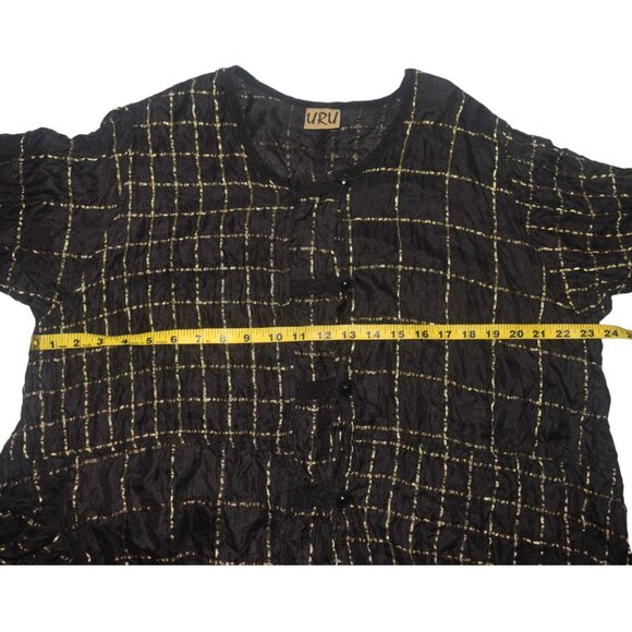 URU Black and Gold Silk Tunic Top Dress Button Front Lightweight Long Sleeves XL - Picture 10 of 11